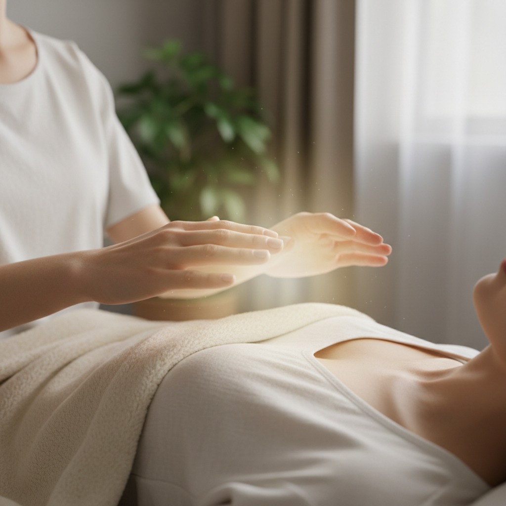 A practitioner hovers their hands above the chest of a person lying on a massage table, with a glowing light effect between their palms and the client.